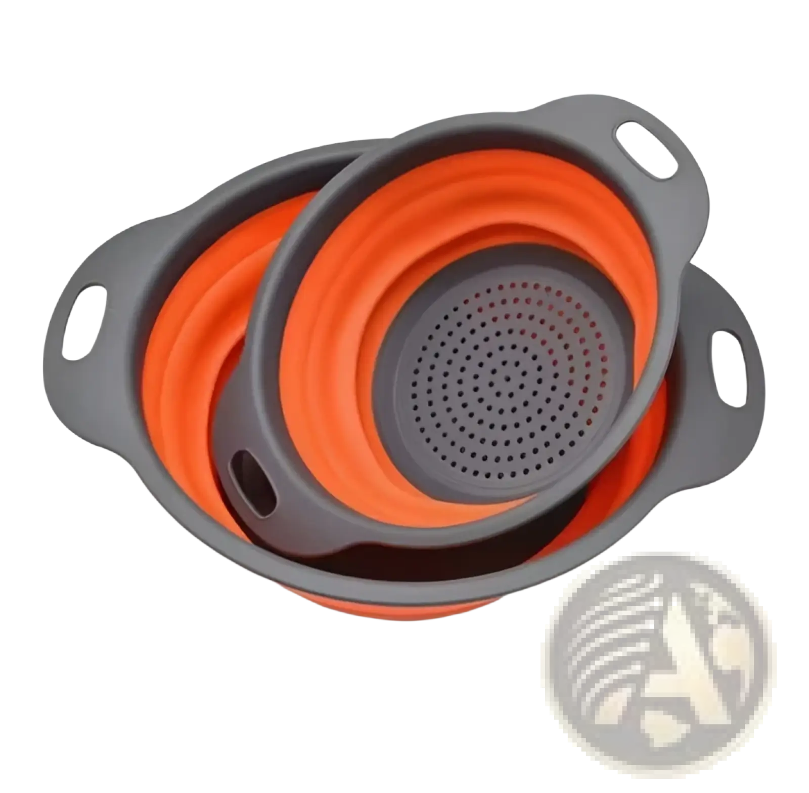 Set of three collapsible silicone colanders in orange and dark gray with perforated bases for efficient draining