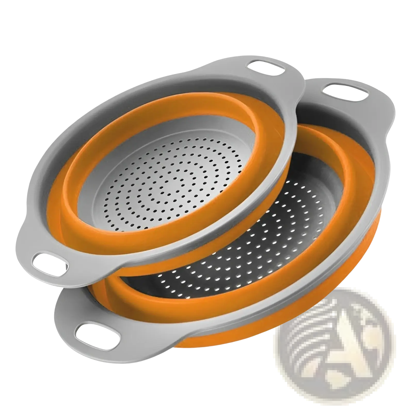 Set of two collapsible silicone colanders with gray and orange accents featuring perforated interiors for draining