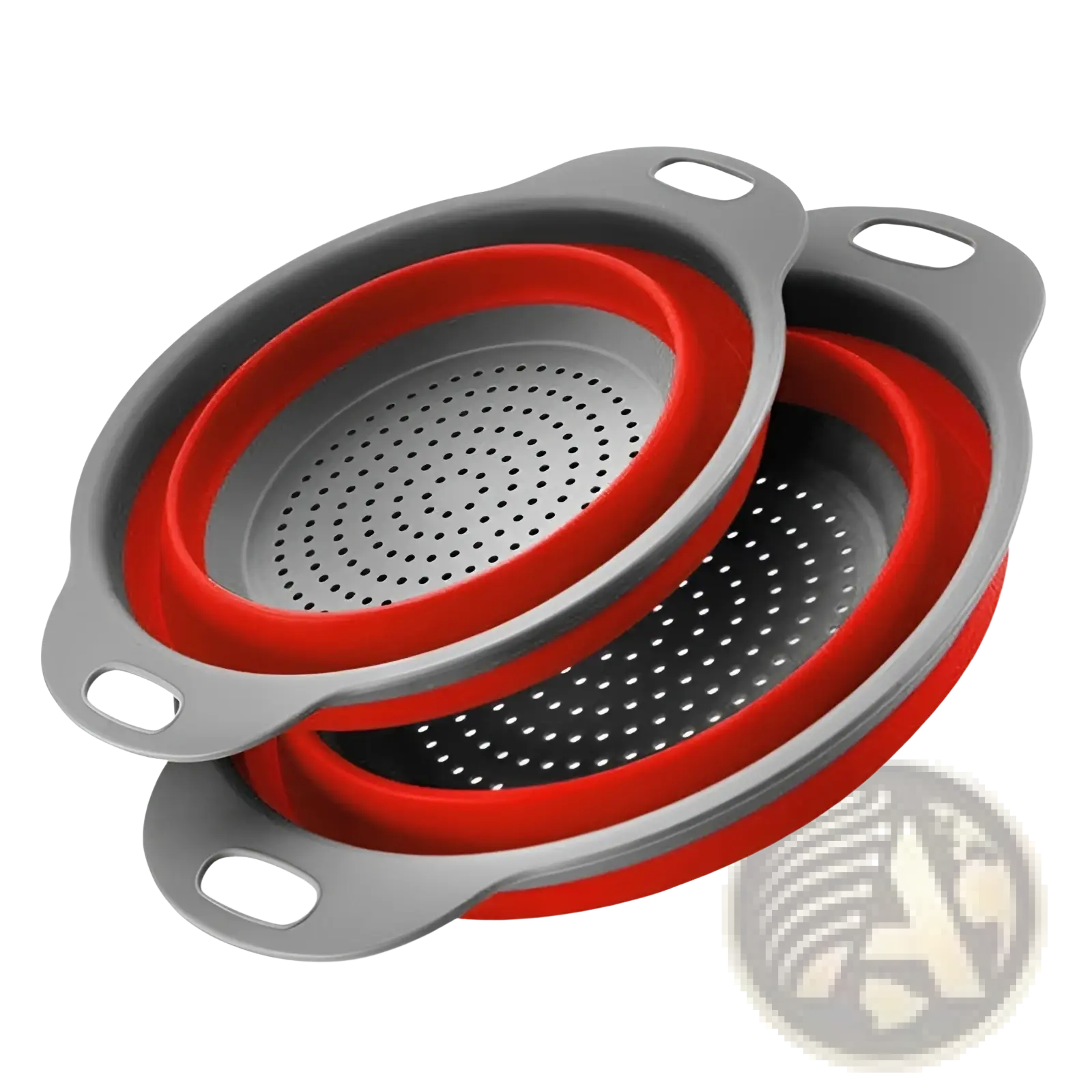 Red and gray collapsible silicone colander set for draining featuring flexible, space-saving silicone material