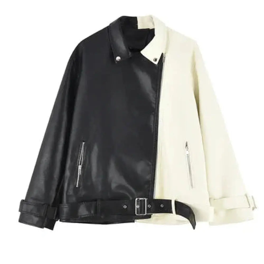 Women’s colorblock loose fit pu leather biker jacket in sleek black and white with glossy finish and silver zippers