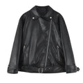 Women’s colorblock loose fit pu leather biker jacket in black faux leather with silver zippers and snap buttons