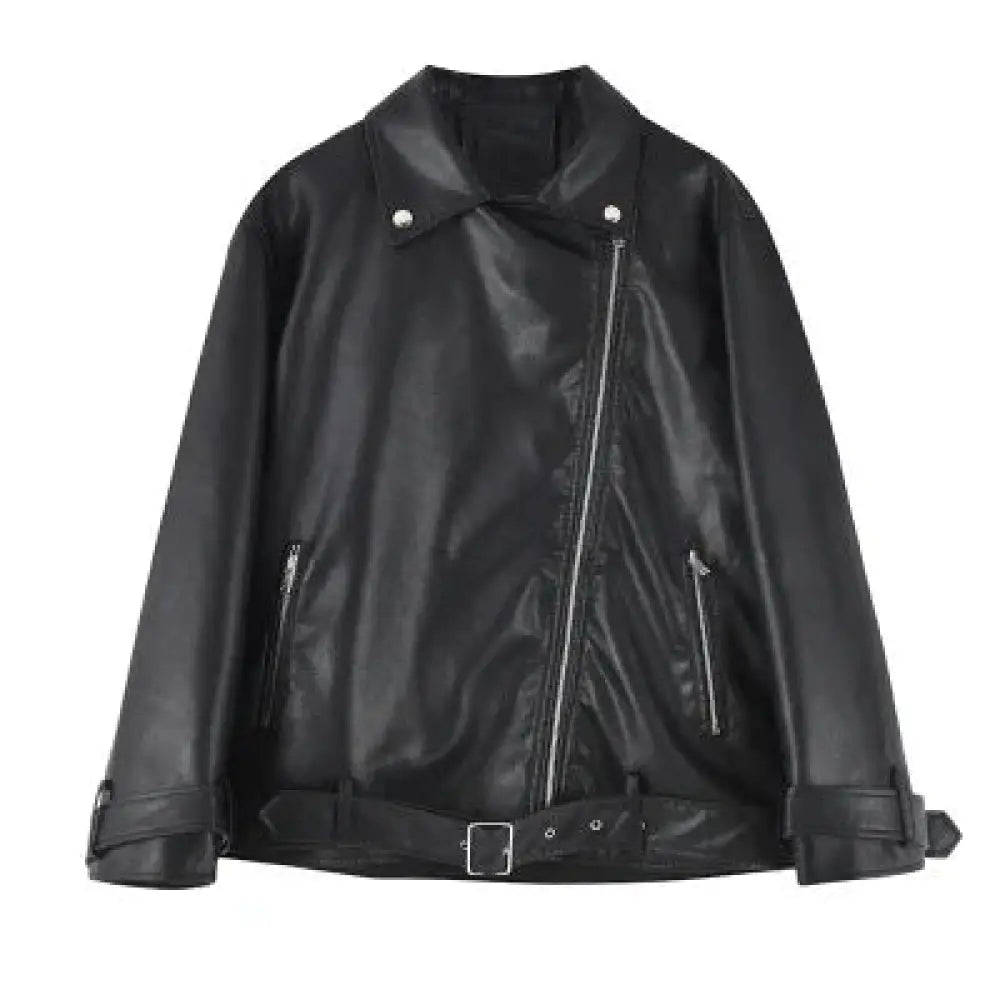 Women’s colorblock loose fit pu leather biker jacket in black faux leather with silver zippers and snap buttons