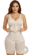 Cream-colored seamless colombian fajas tummy control body shaper with lace trim and central zipper closure