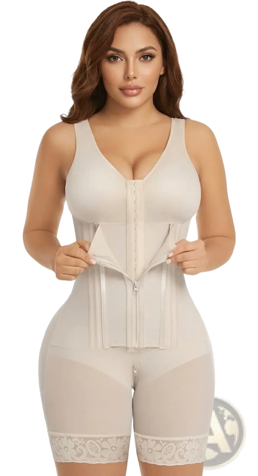 Cream-colored seamless colombian fajas tummy control body shaper with lace trim and central zipper closure