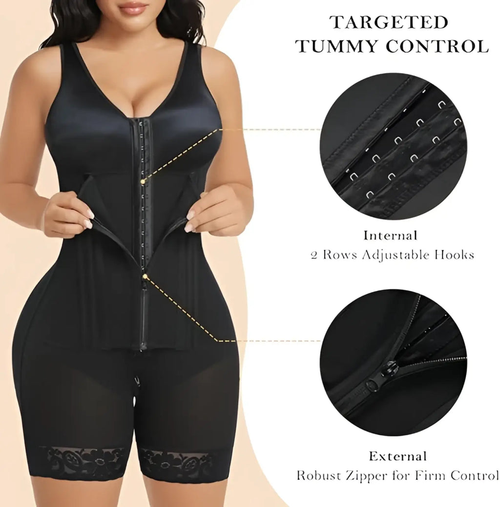 Black satin Colombian fajas tummy control body shaper with lace trim hem and internal adjustable hooks