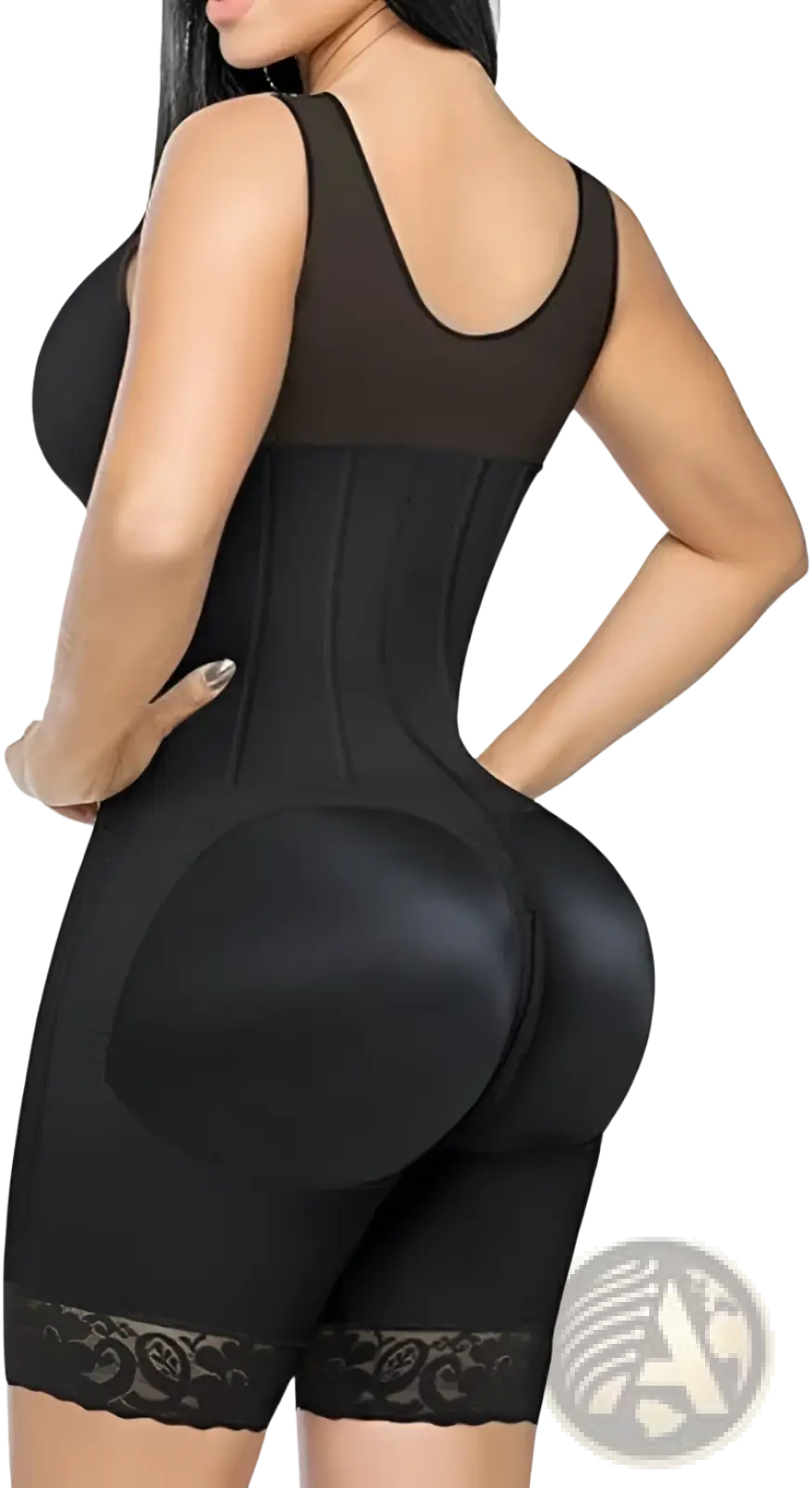 Black Colombian fajas tummy control body shaper with lace trim and padded rear design shown from the back side
