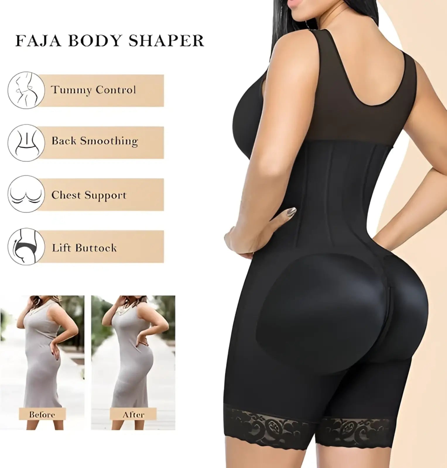 Black Colombian fajas tummy control body shaper with lace trim and padded buttocks shown from the back side