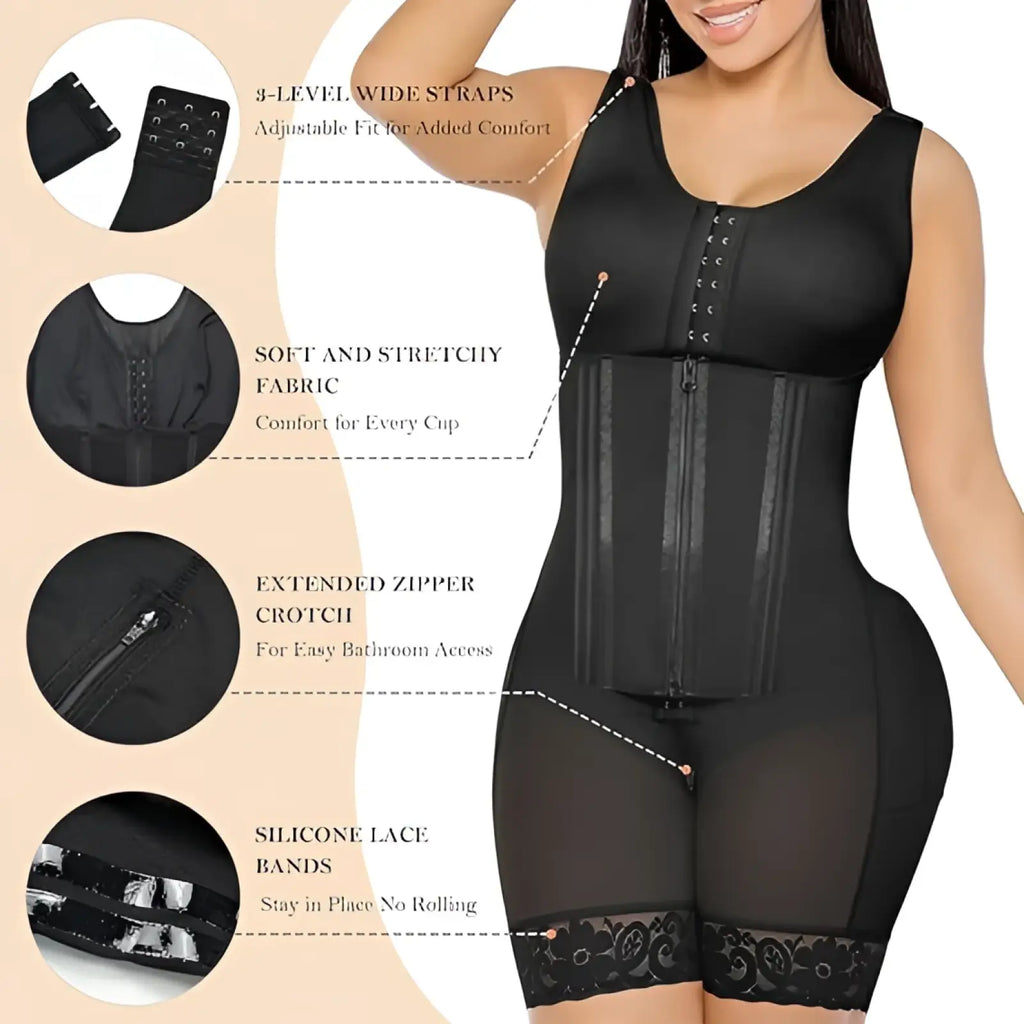 Black Colombian fajas tummy control body shaper with lace trim and adjustable straps for enhanced support