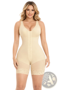 Beige Colombian shapewear tummy control bodysuit with lace trim at hem and front zipper closure for body shaping