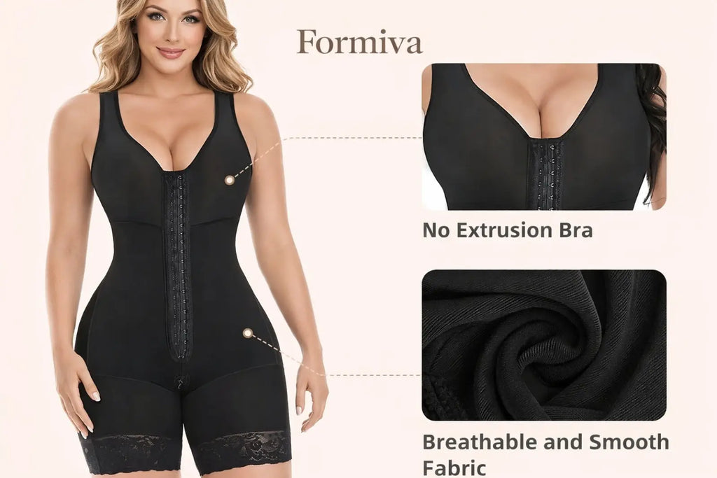 Black Colombian shapewear tummy control bodysuit with front zipper lace trim and breathable formiva fabric