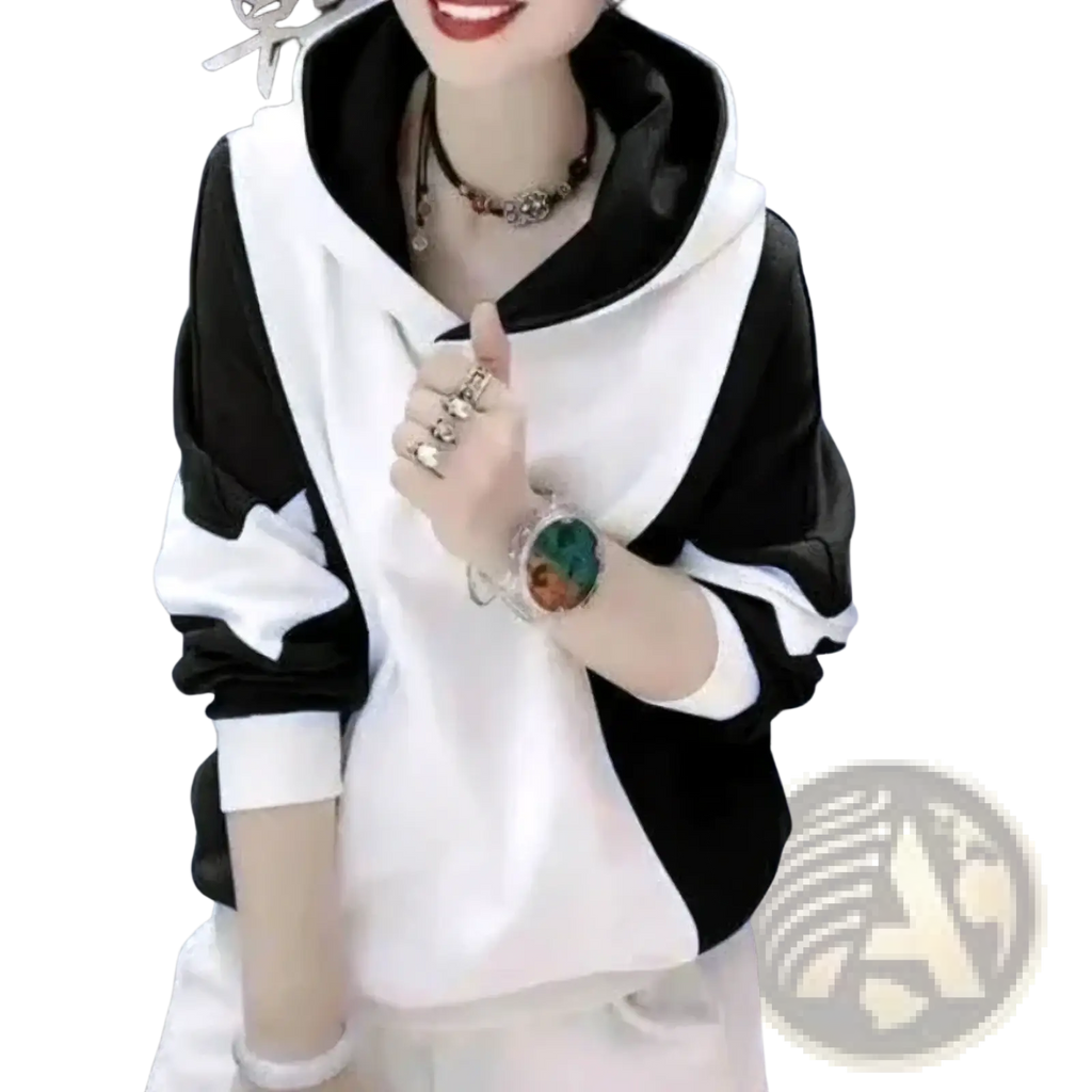 Black and white color block hooded sweatshirt with satin trim on hood and sleeves in loose cotton pullover style