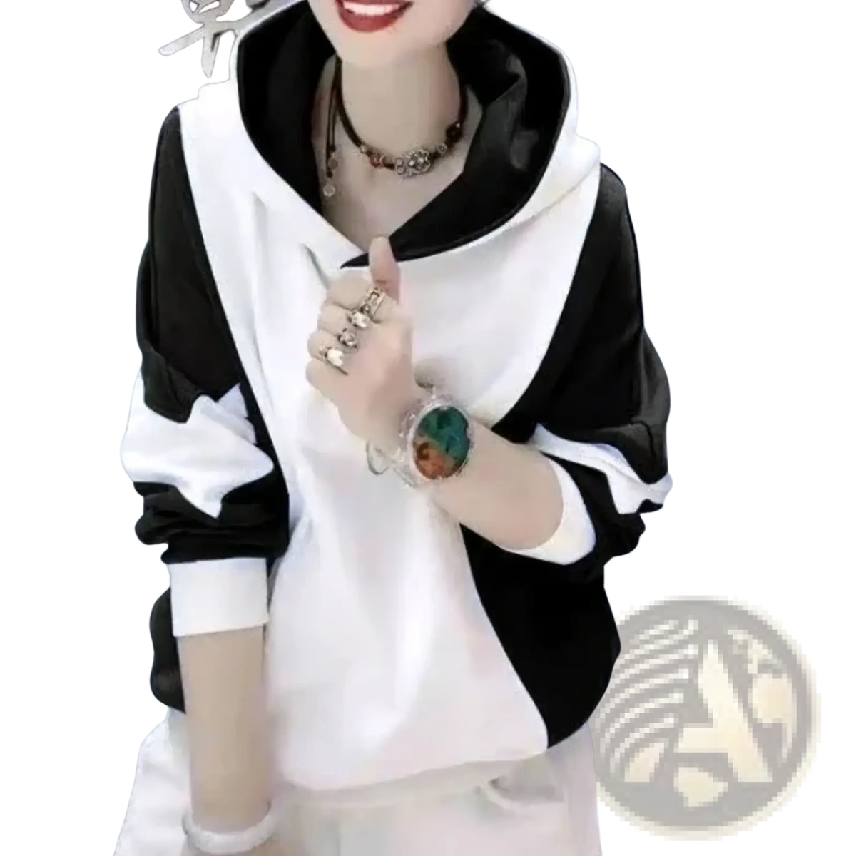 Black and white color block hooded sweatshirt with satin trim on hood and sleeves in loose cotton pullover style