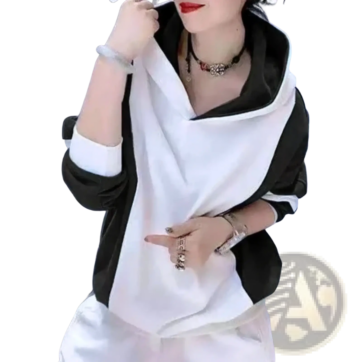 Black and white color block hooded sweatshirt with contrasting trim made of loose cotton pullover fabric