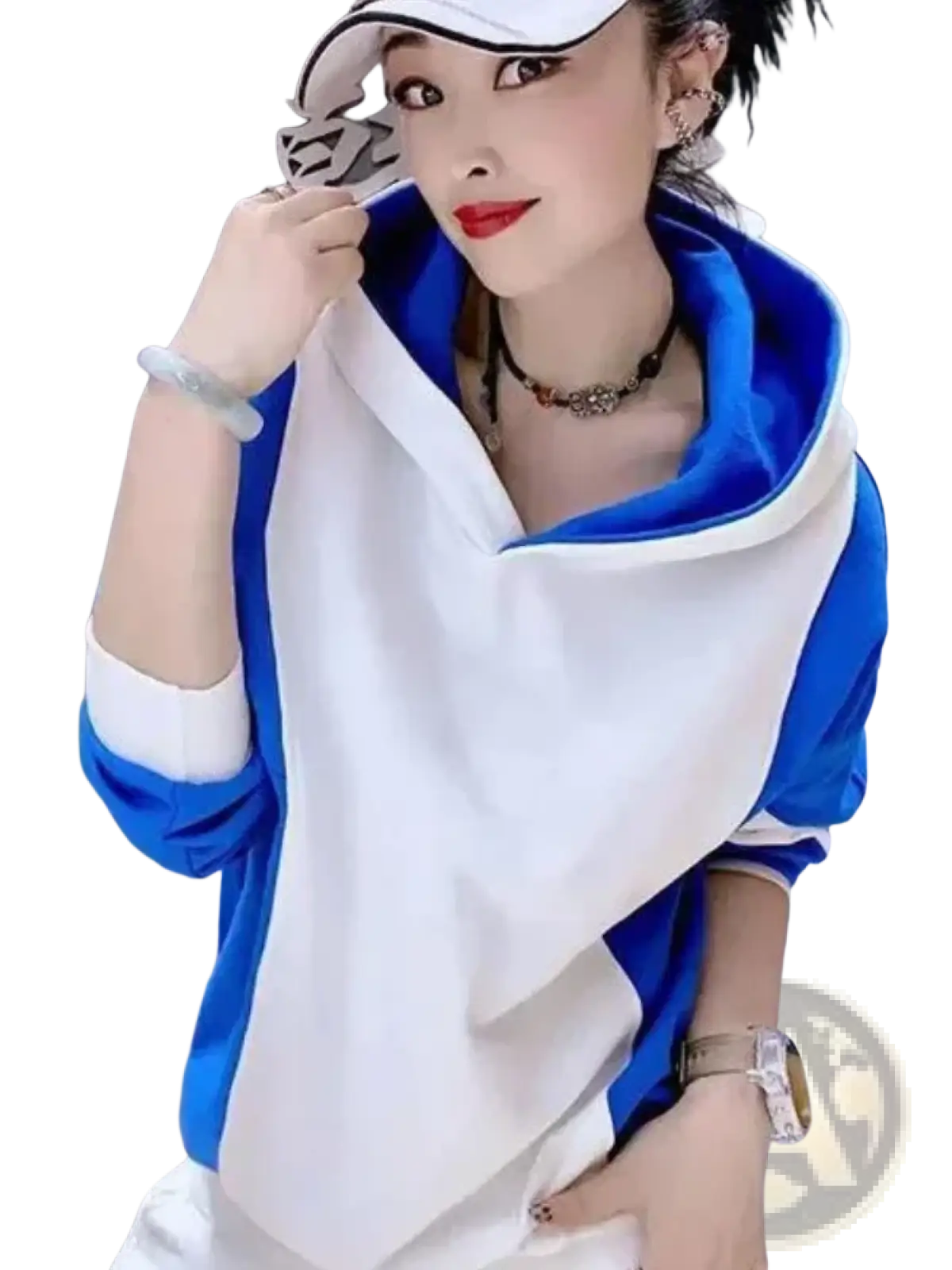Blue and white color block hooded sweatshirt with contrasting blue inner lining made from loose cotton pullover material