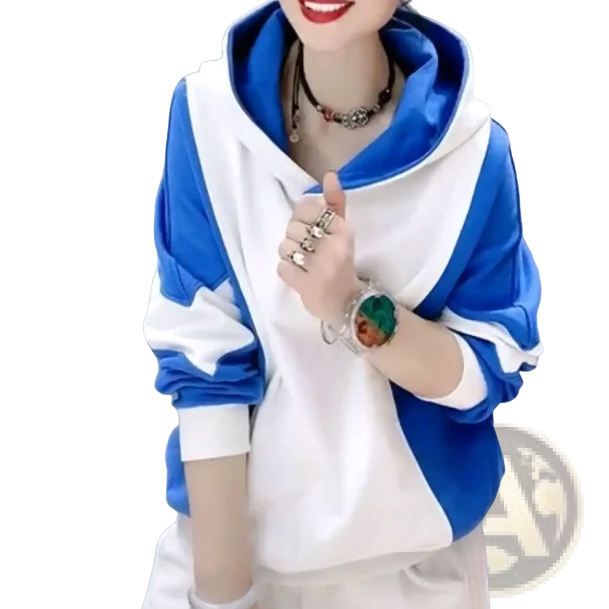 Blue and white color block hooded sweatshirt with plush velvet lined hood loose cotton pullover front view