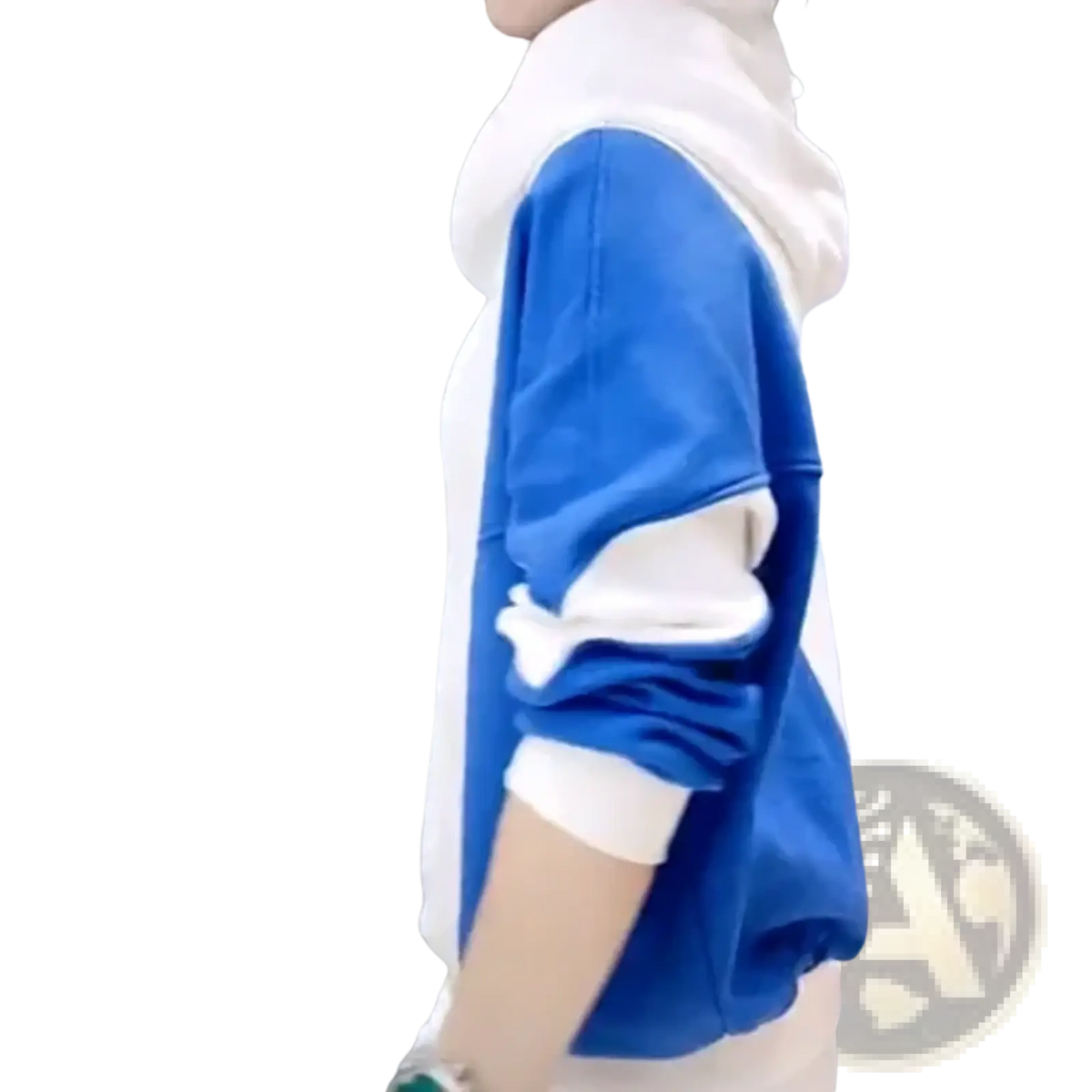 Blue and white color block hooded sweatshirt loose cotton pullover with soft casual design shown from the back side