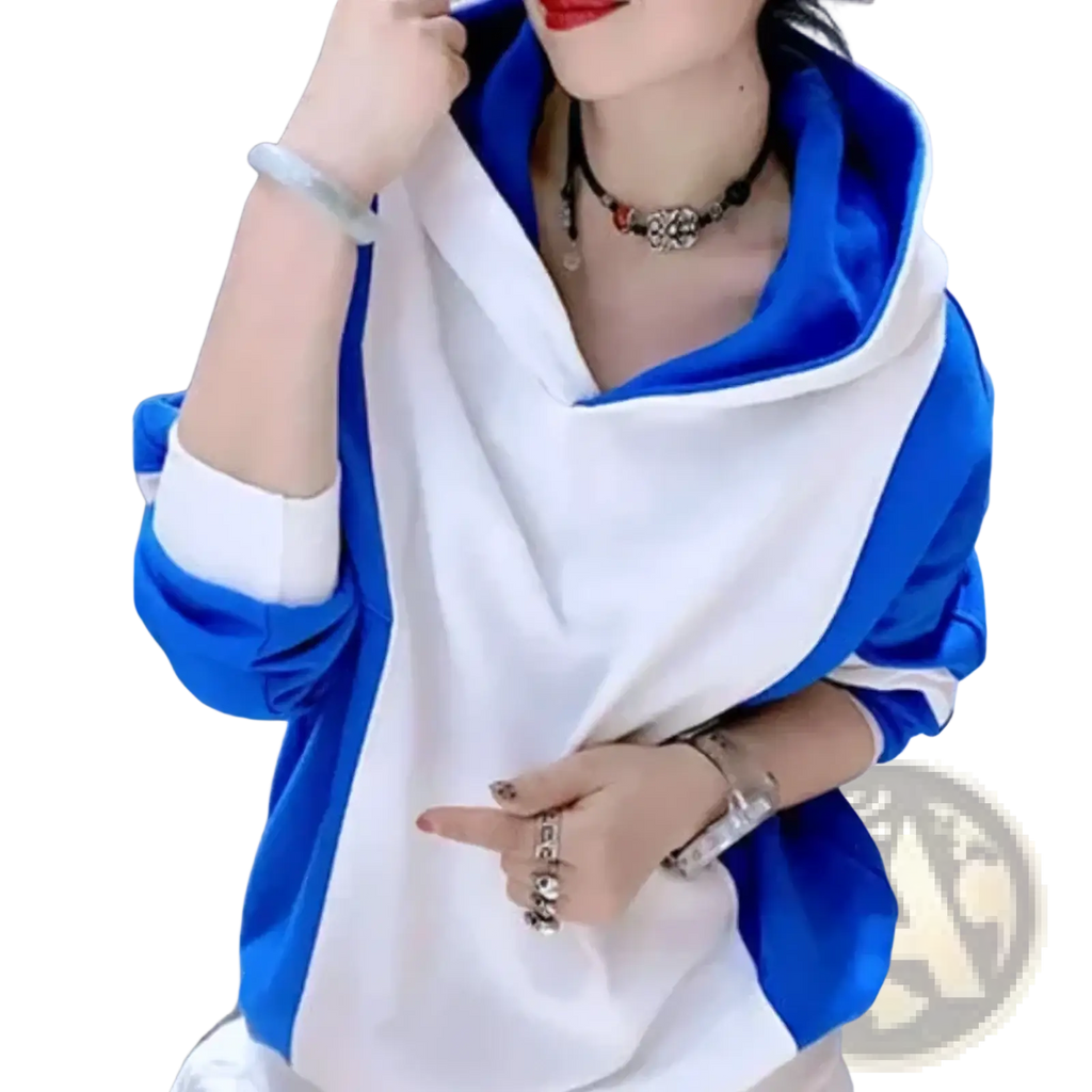 Blue and white color block hooded sweatshirt with satin-like finish and loose cotton pullover design