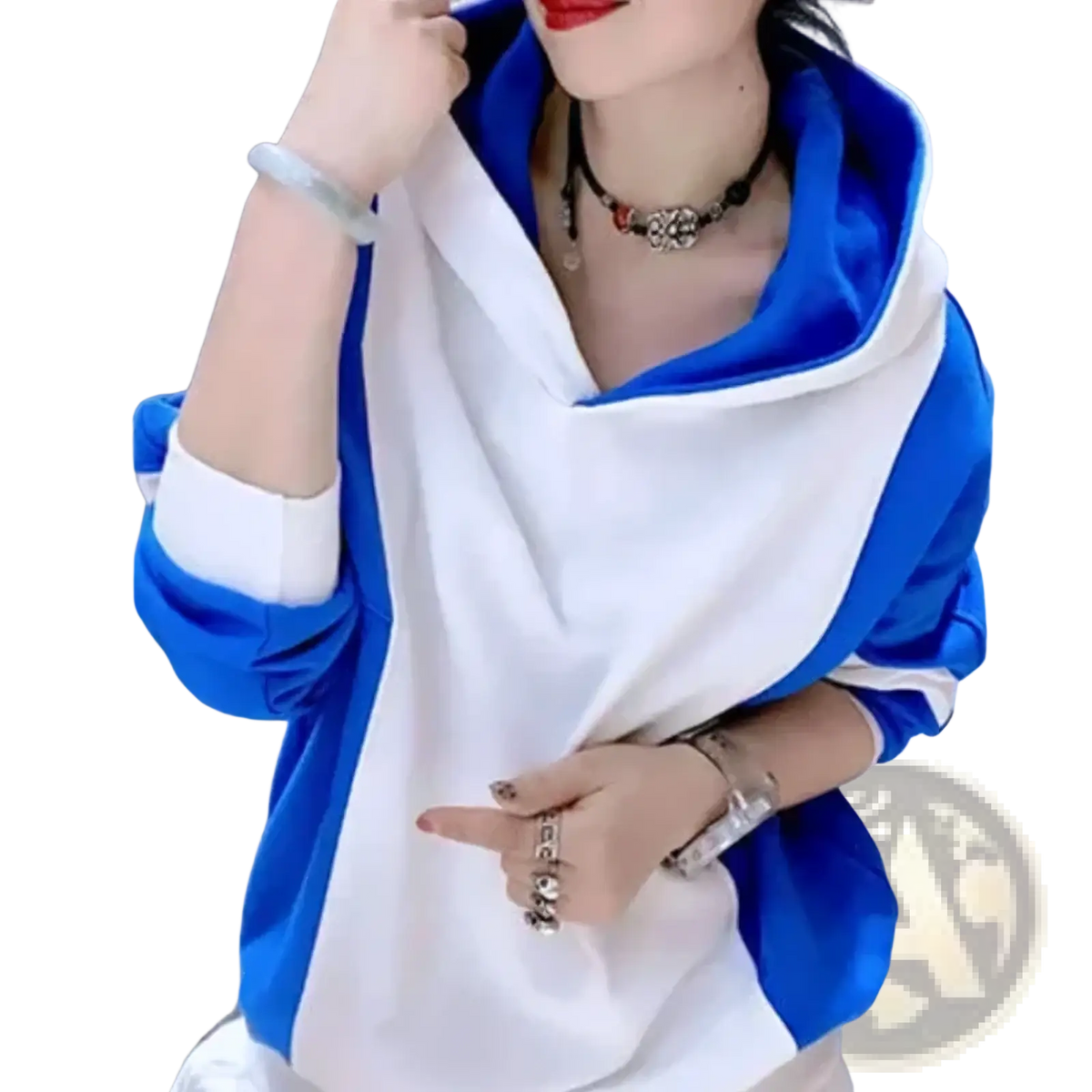 Blue and white color block hooded sweatshirt with satin-like finish and loose cotton pullover design