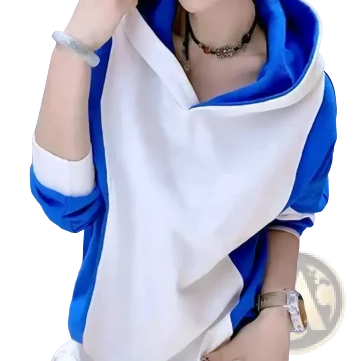 Blue and white cotton color block hooded sweatshirt with contrasting trim loose pullover front view