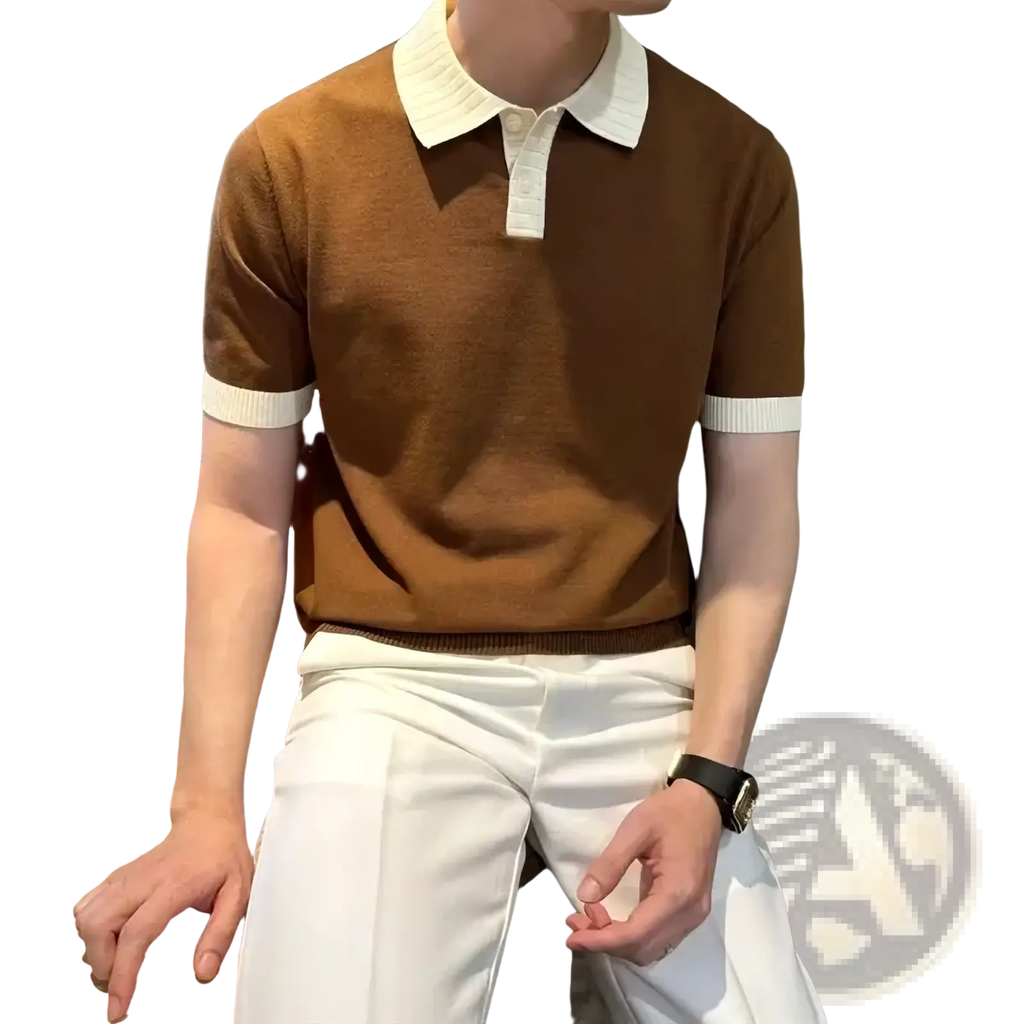 Brown color block knit polo shirt with contrasting white collar and sleeve cuffs made of soft knit material