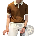 Brown color block knit polo shirt with contrasting white collar and sleeve cuffs made of soft knit material