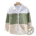 A men’s color block long sleeve cotton casual shirt with white collar olive green torso and cream-colored cuffs