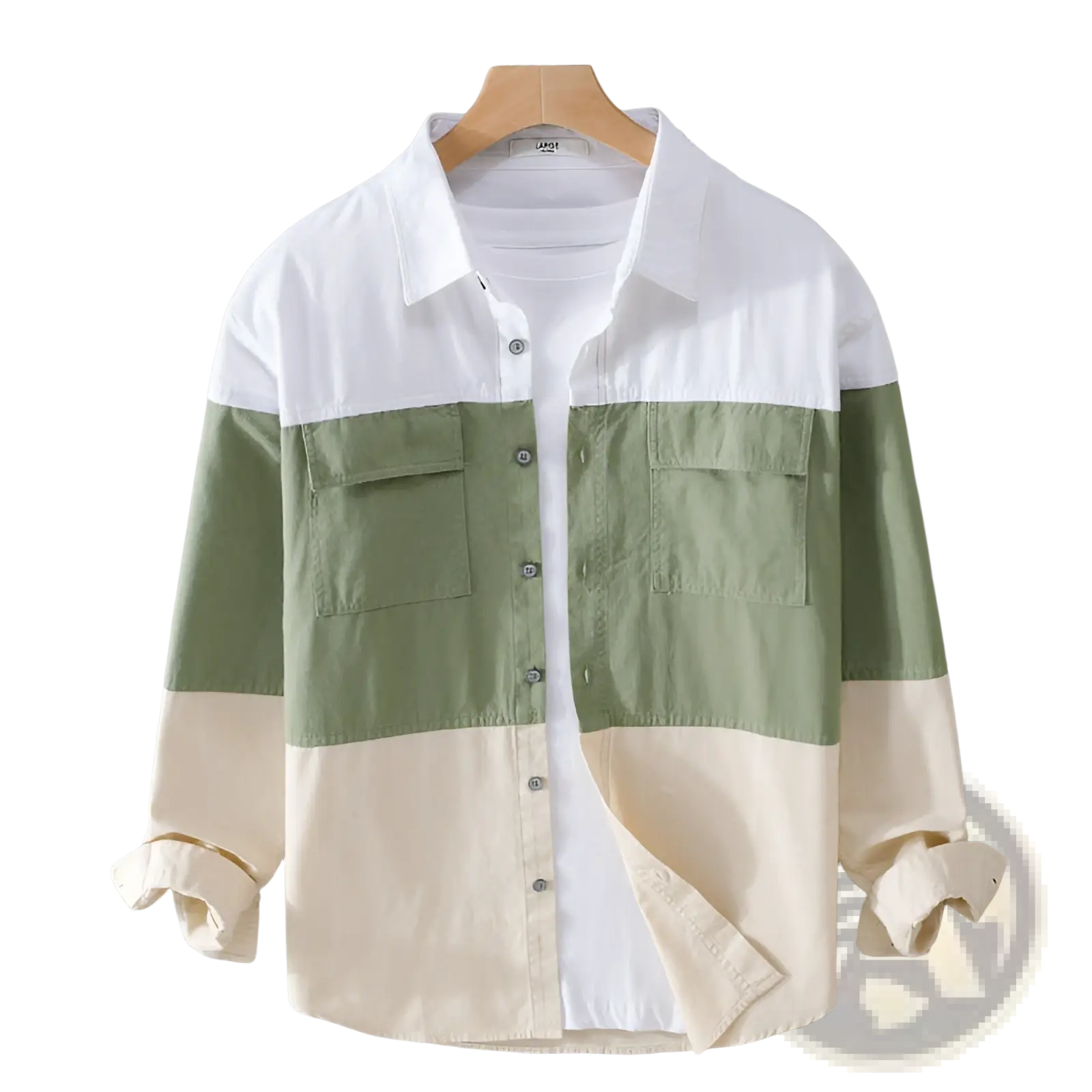 A men’s color block long sleeve cotton casual shirt with white collar olive green torso and cream-colored cuffs