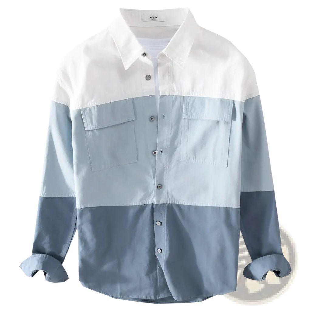 Color block long sleeve cotton casual shirt with white collar, light blue chest and sleeves, and dark gray lower body