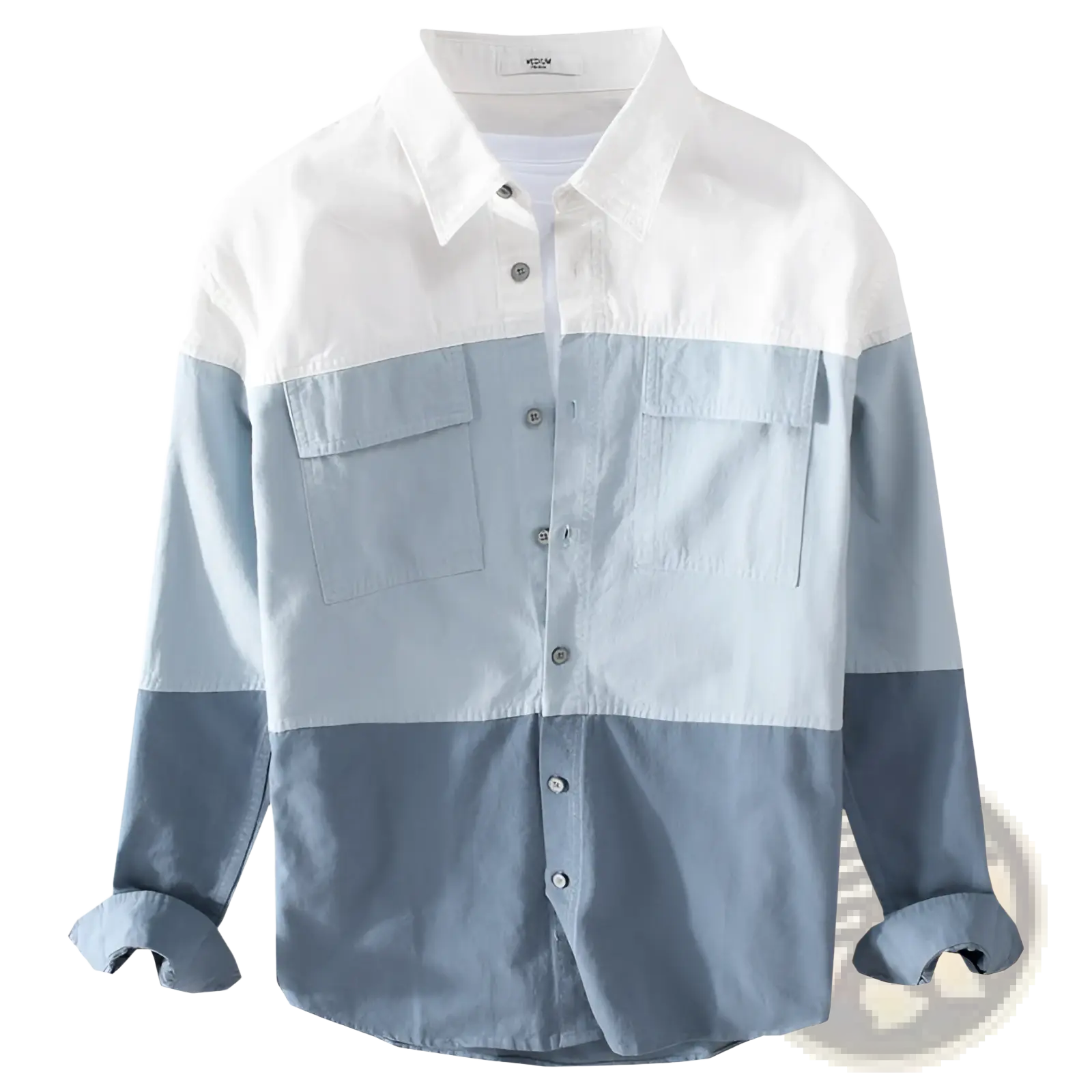 Color block long sleeve cotton casual shirt with white collar, light blue chest and sleeves, and dark gray lower body