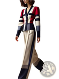 A stylish woman wears a red white and navy blue color block knit pant suit with v neck for office wear