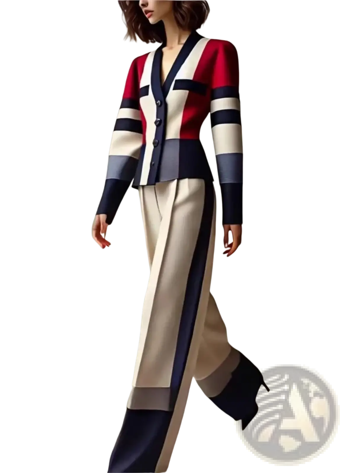 A stylish woman wears a red white and navy blue color block knit pant suit with v neck for office wear
