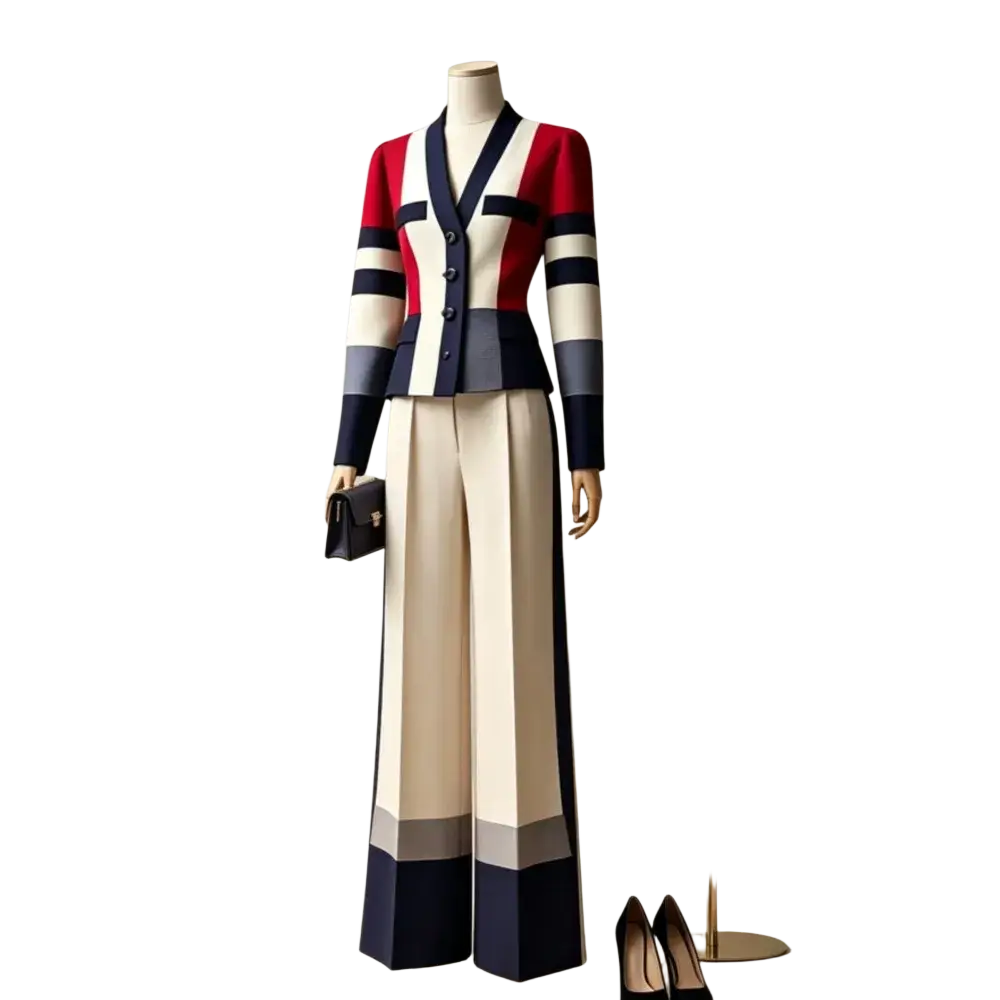 A color block pant suit featuring a red white and navy striped blazer with black buttons and cream navy wide-leg trousers