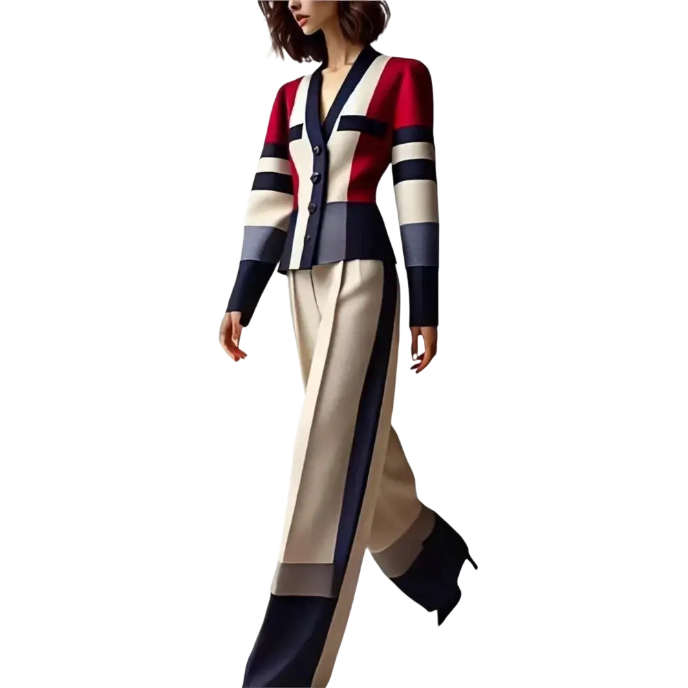 A color block pant suit v neck office outfit with a red cream and navy striped cardigan and matching wide leg trousers