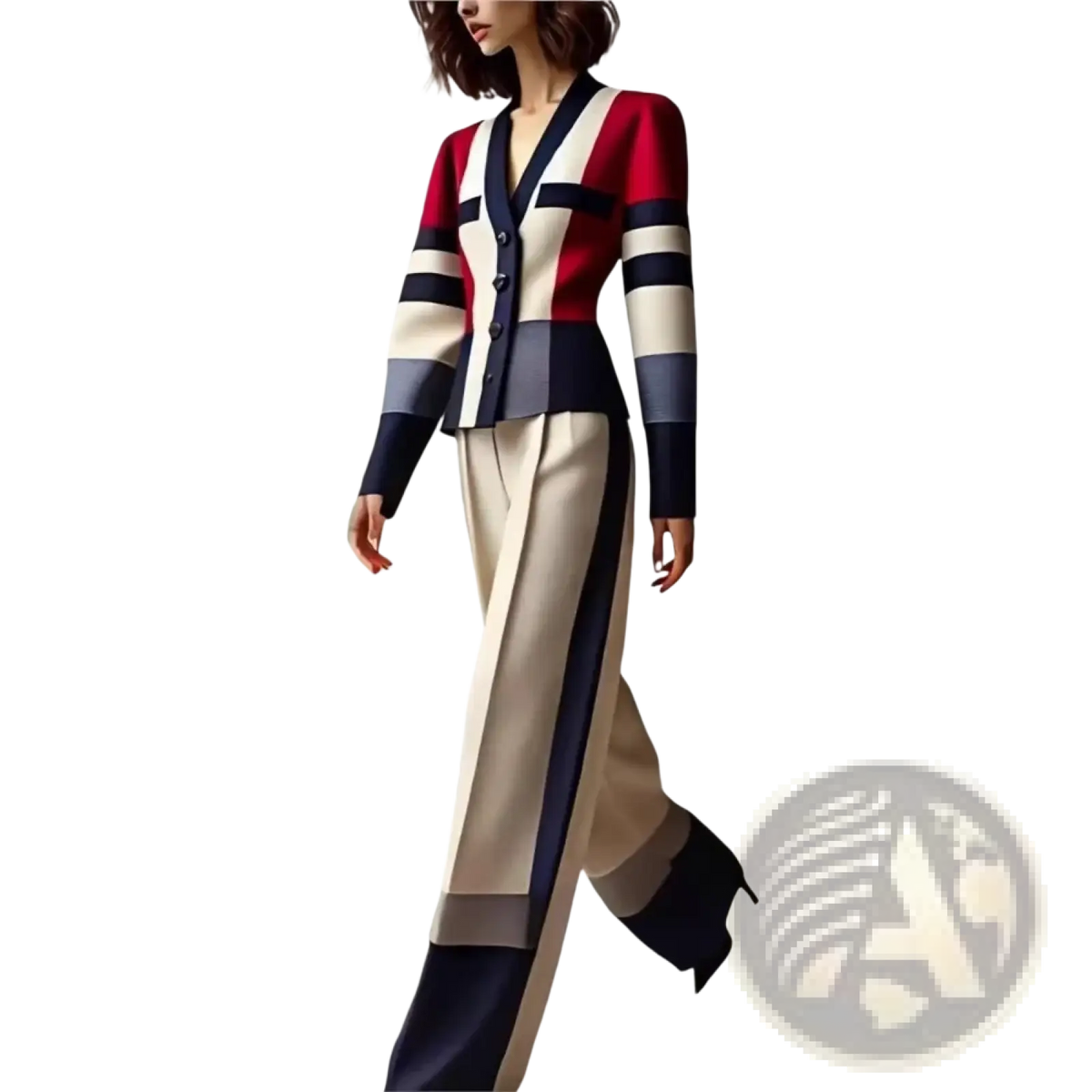 A color block pant suit v neck office outfit with a red cream and navy striped cardigan and matching wide leg trousers