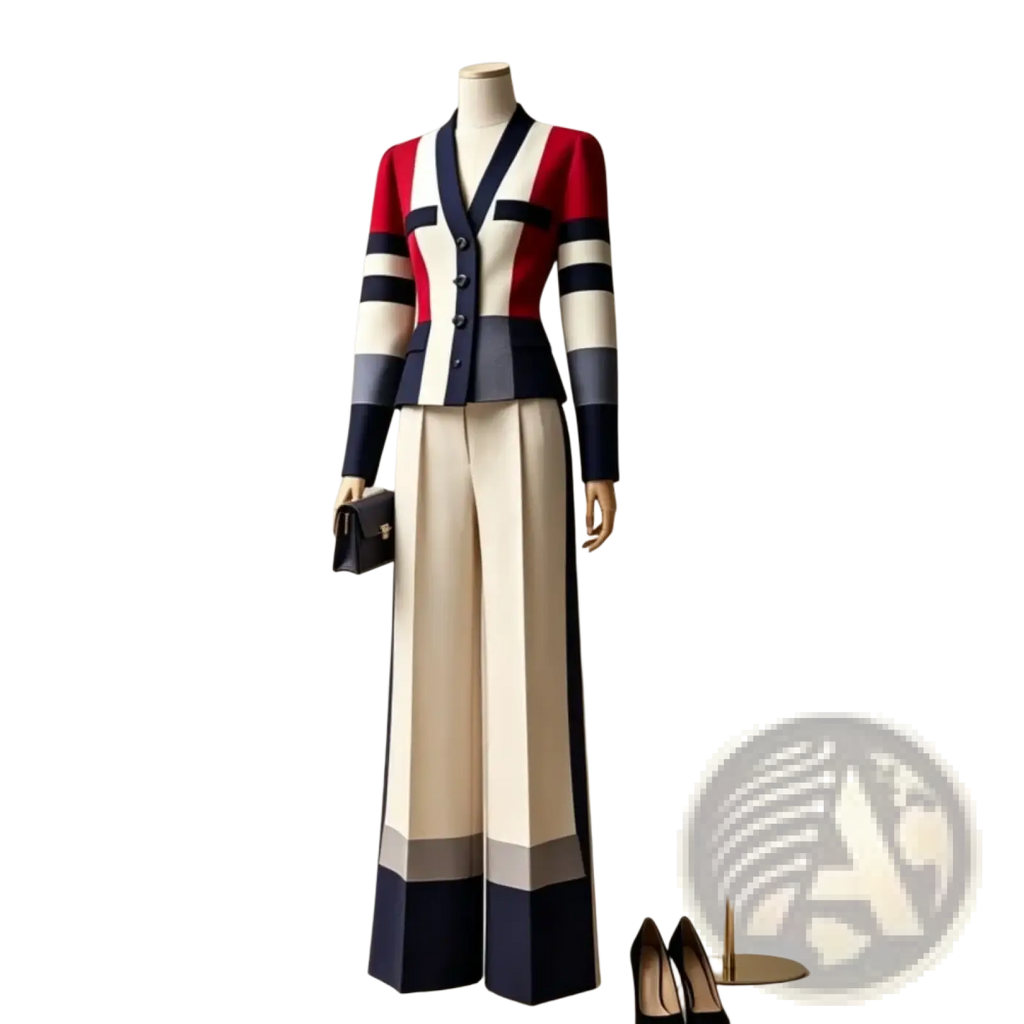 A color block pant suit featuring a red white and navy striped blazer with black buttons and cream navy wide-leg trousers