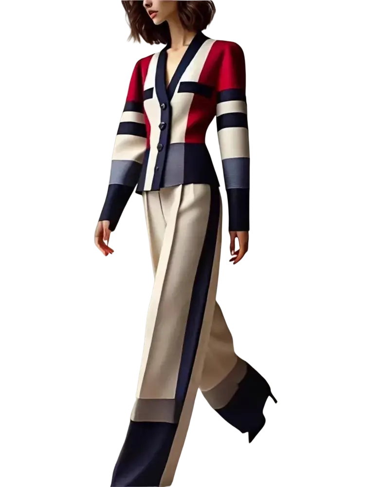 A stylish woman wears a red white and navy blue color block knit pant suit with v neck for office wear