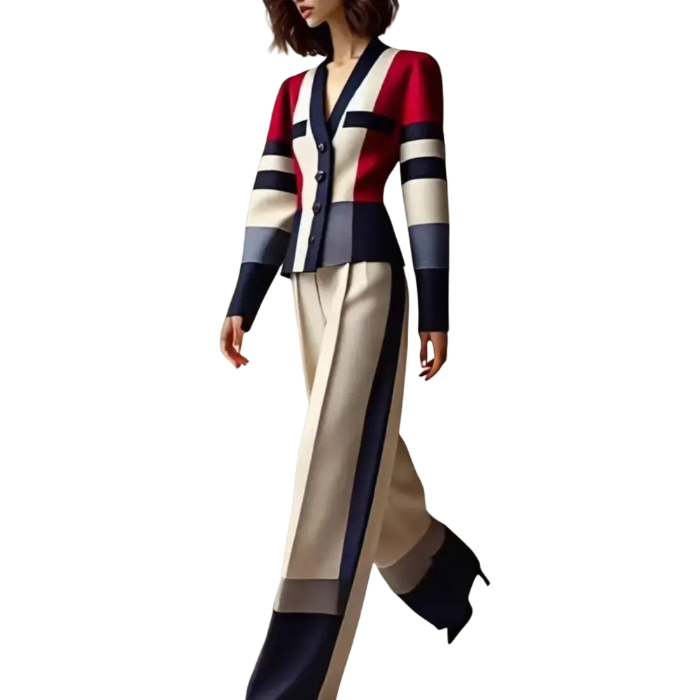 A stylish woman wears a color block knit pant suit with red navy and cream stripes for office wear