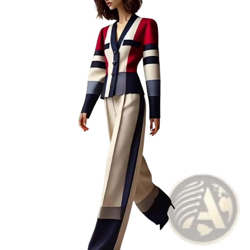A stylish woman wears a color block knit pant suit with red navy and cream stripes for office wear