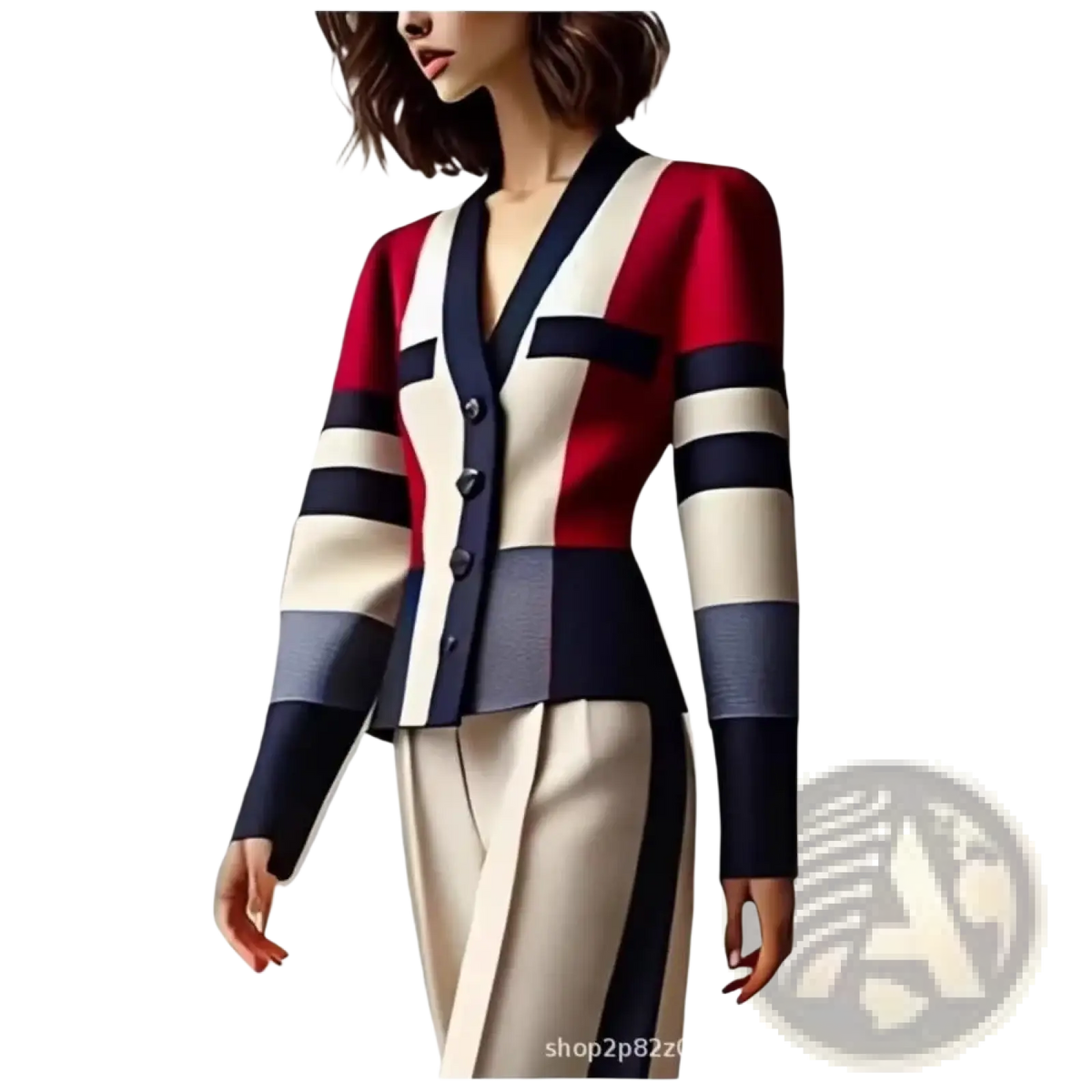 A stylish women’s cardigan with bold vertical red cream and navy blue stripes tailored for office wear