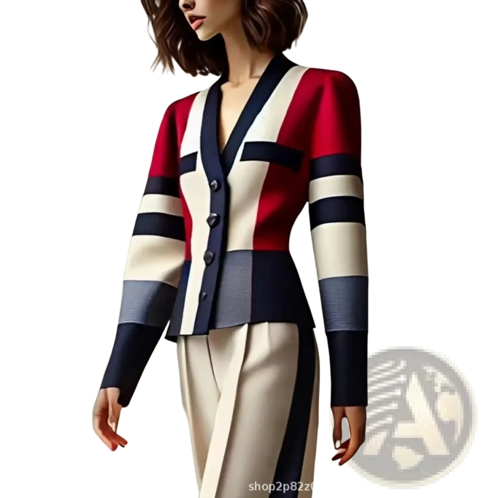 A stylish cropped cardigan with bold red white and navy horizontal stripes v neck and button closure for office wear