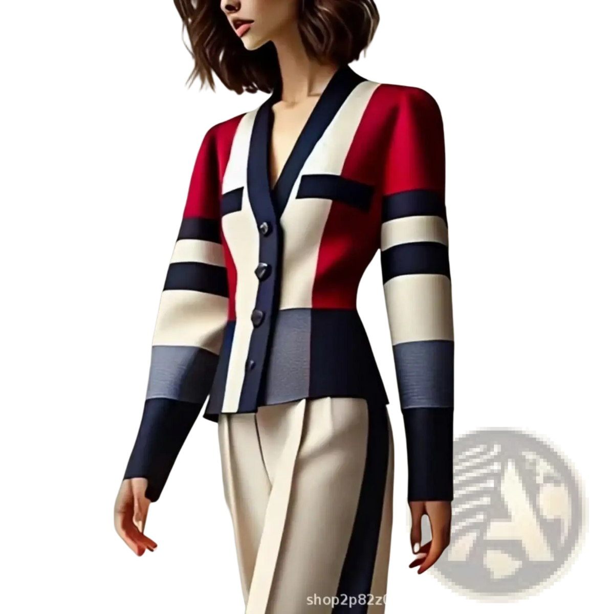 A stylish cropped cardigan with bold red white and navy horizontal stripes v neck and button closure for office wear