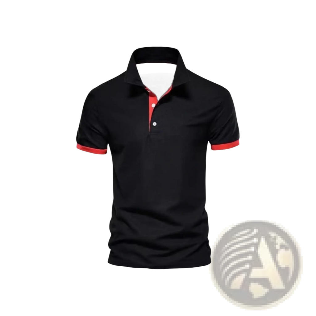 Black color-block short sleeve men polo shirt with red trim on collar and sleeve cuffs and white buttons