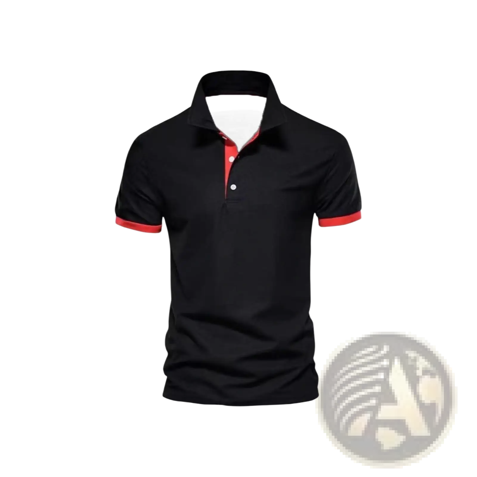 Black color-block short sleeve men polo shirt with red trim on collar and sleeve cuffs and white buttons