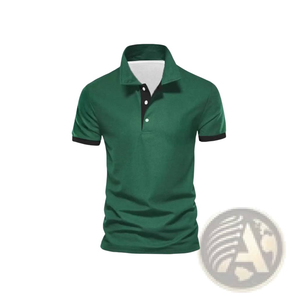 Dark green color-block short sleeve men polo shirt with black collar trim and white inner lining for casual wear