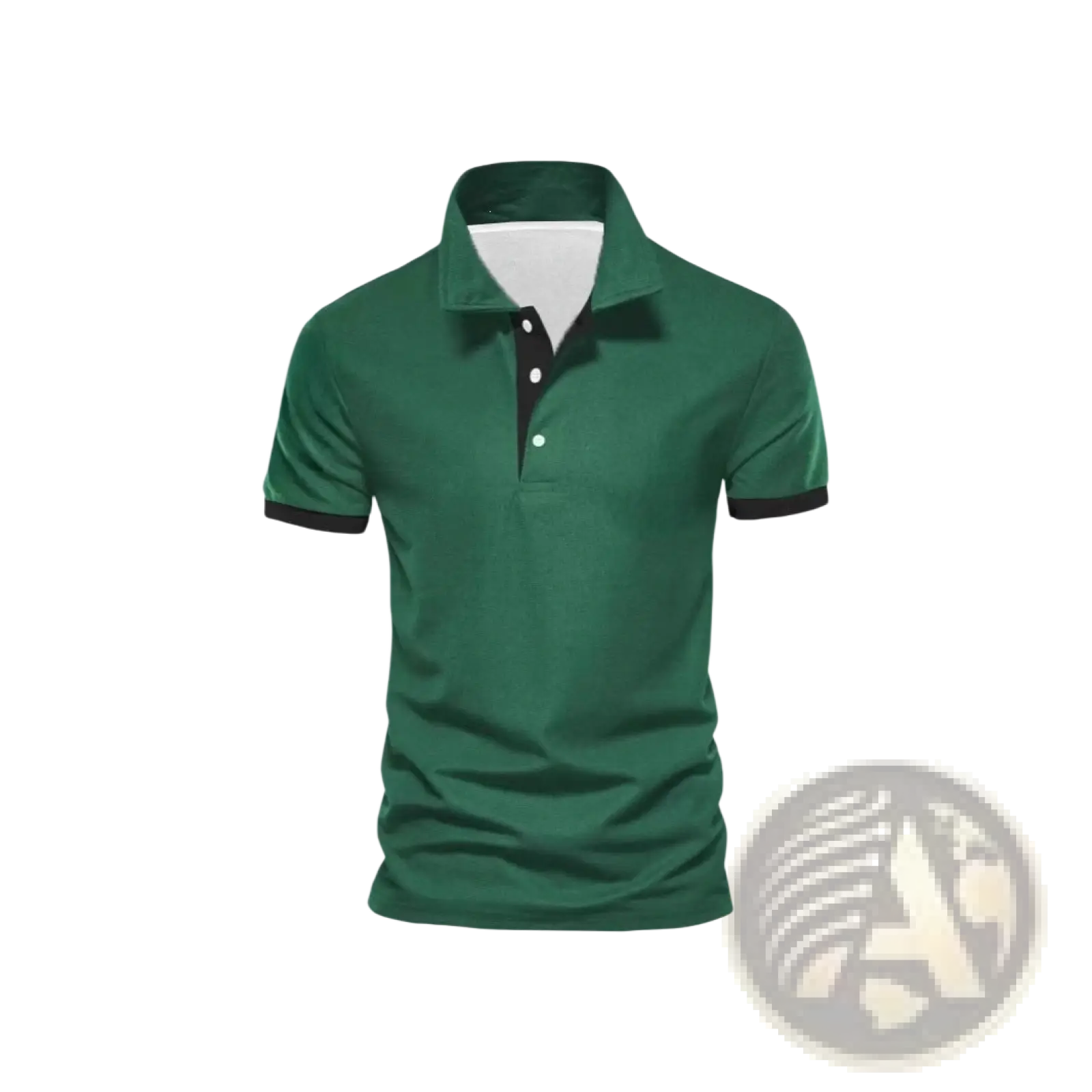 Dark green color-block short sleeve men polo shirt with black collar trim and white inner lining for casual wear
