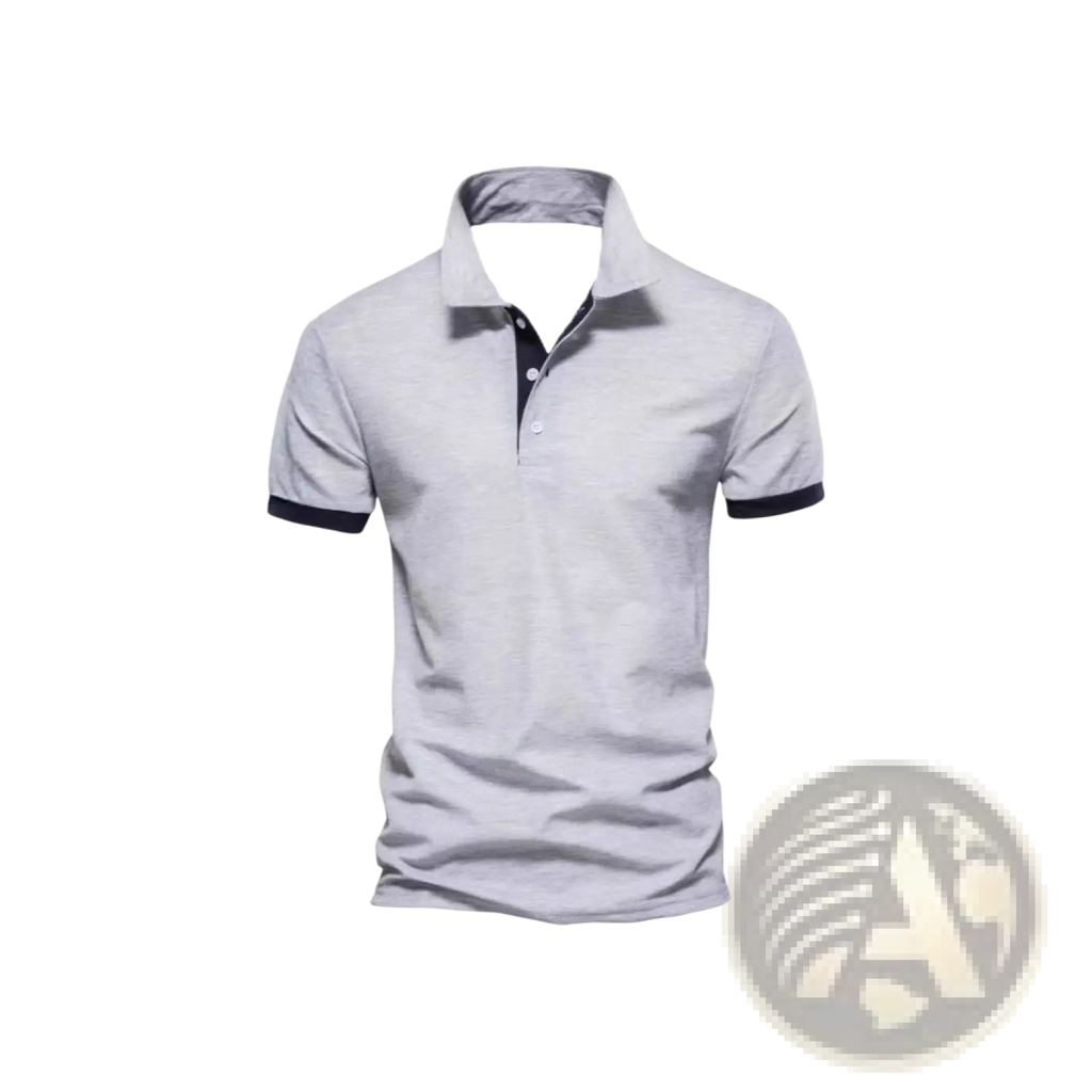 Light gray color-block short sleeve men polo shirt with navy blue trim on collar and sleeve cuffs