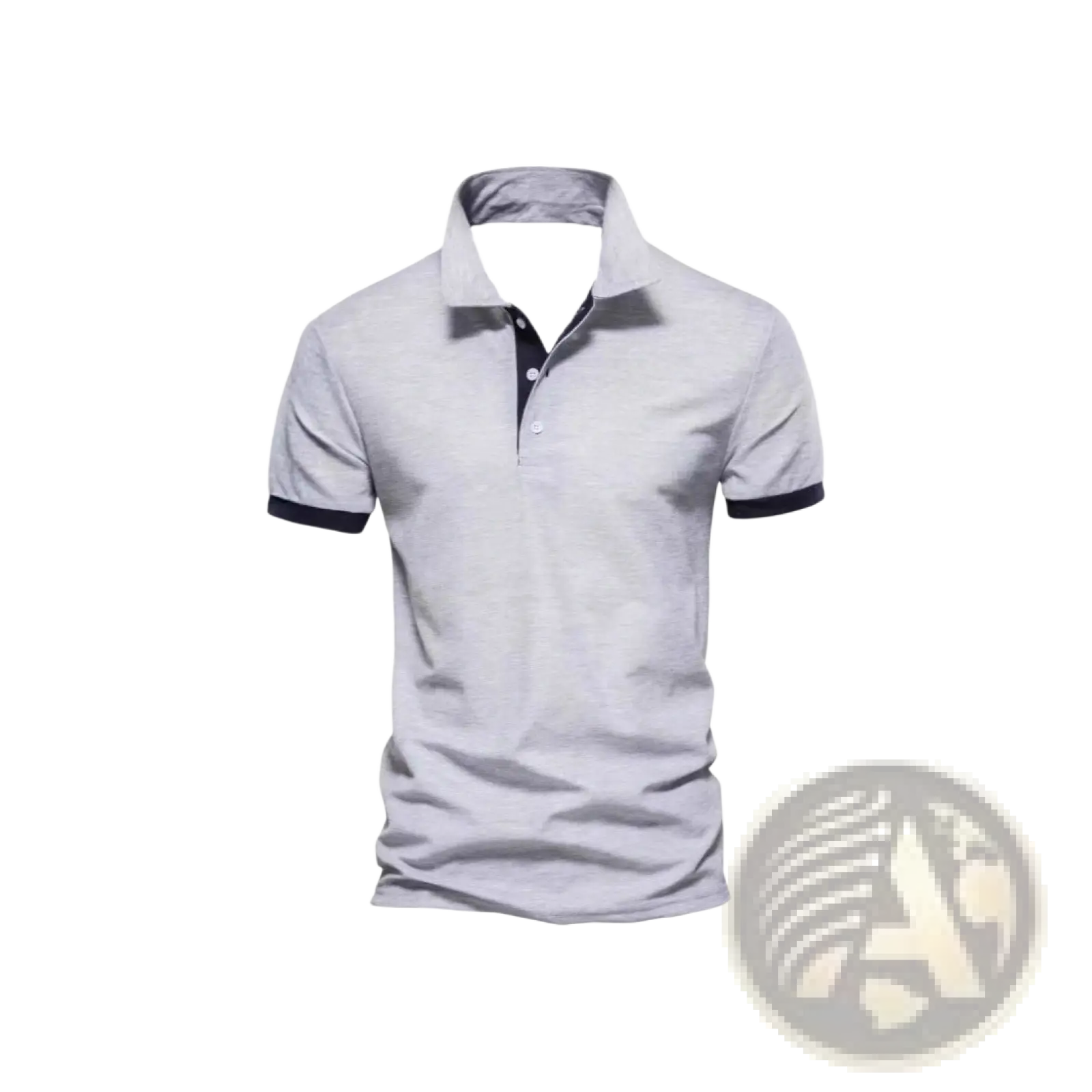 Light gray color-block short sleeve men polo shirt with navy blue trim on collar and sleeve cuffs