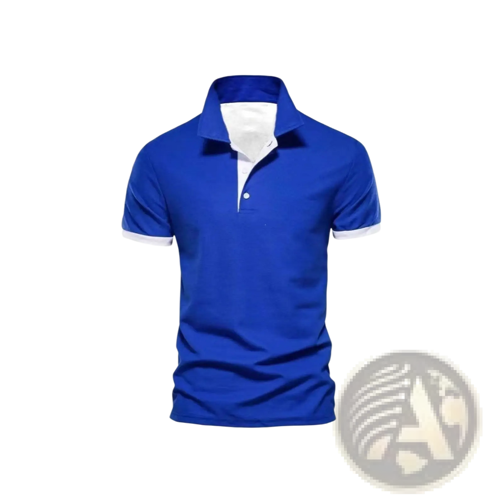 Vibrant royal blue color-block short sleeve men polo shirt with white collar and sleeve trim for casual wear