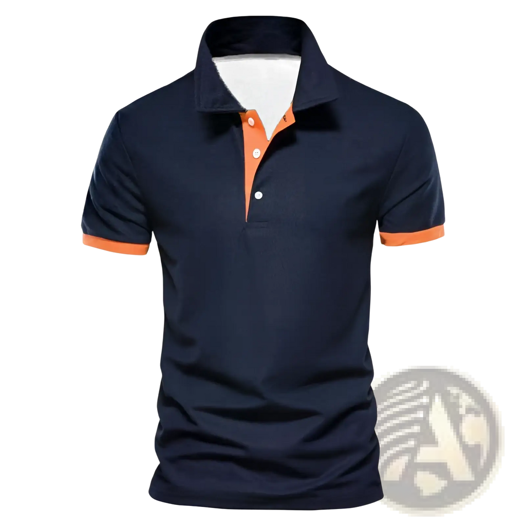 Navy blue color-block short sleeve men polo shirt with orange trim on collar placket and sleeve cuffs