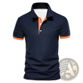 Navy blue color-block short sleeve men polo shirt with orange trim on collar placket and sleeve cuffs